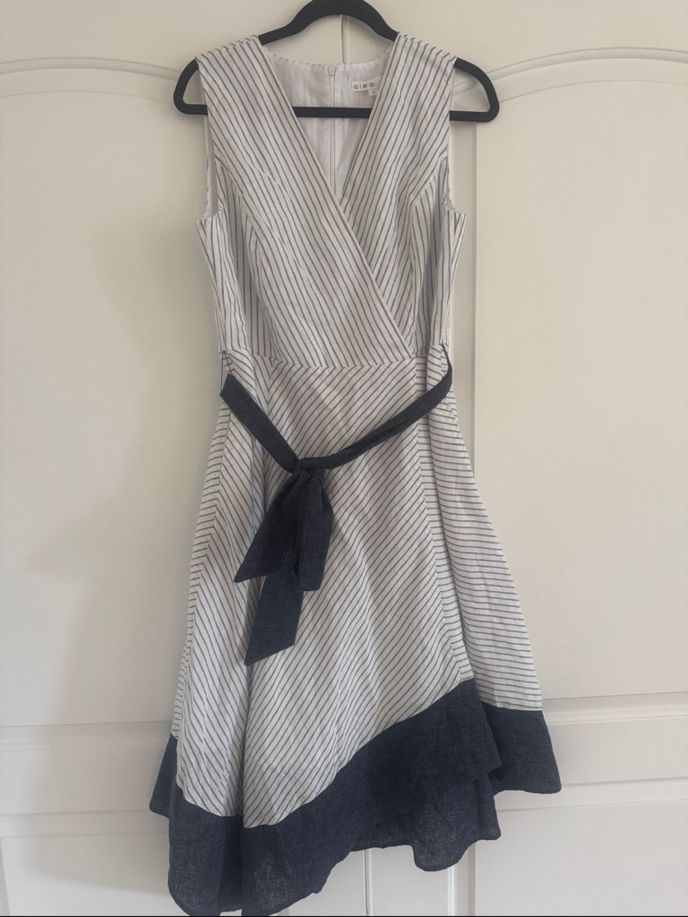 cleo White and Navy Striped Sleeveless Wrap Midi Dress